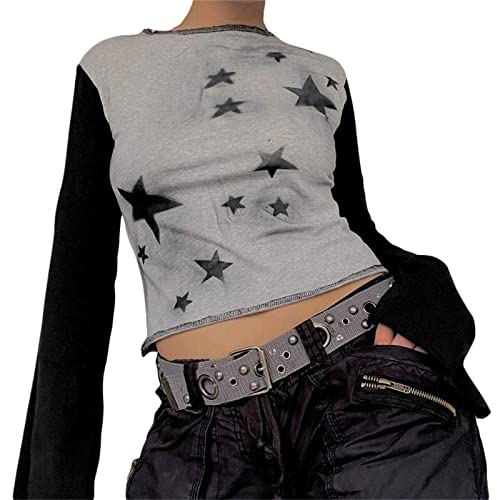 Gothic-Shirt für Damen, Langarm, Vintage-Kreuzdruck, Crop-Top, Rundhalsausschnitt, ästhetisch, schmal, Kurze Bluse, T-Shirt, Grunge-Kleidung (Gray#3, S) von Mugoebu