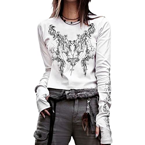 Gothic-Shirt für Damen, Langarm, Vintage-Kreuzdruck, Crop-Top, Rundhalsausschnitt, ästhetisch, schmal, Kurze Bluse, T-Shirt, Grunge-Kleidung (White, Medium) von Mugoebu