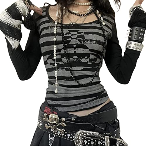 Gothic-Shirt für Damen, Langarm, Vintage-Kreuzdruck, Crop-Top, Rundhalsausschnitt, ästhetisch, schmal, Kurze Bluse, T-Shirt, Grunge-Kleidung (q-Black#1, L) von Mugoebu