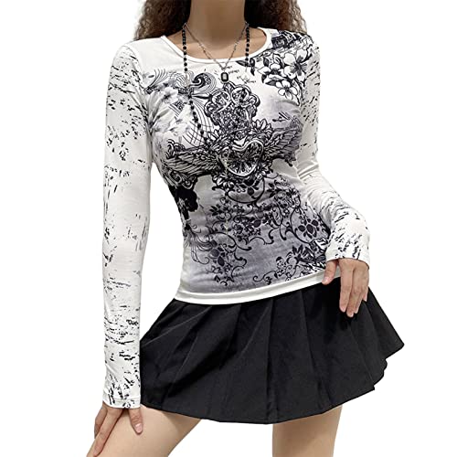 Gothic-Shirt für Damen, Langarm, Vintage-Kreuzdruck, Crop-Top, Rundhalsausschnitt, ästhetisch, schmal, Kurze Bluse, T-Shirt, Grunge-Kleidung (q-Grey#1, XL) von Mugoebu