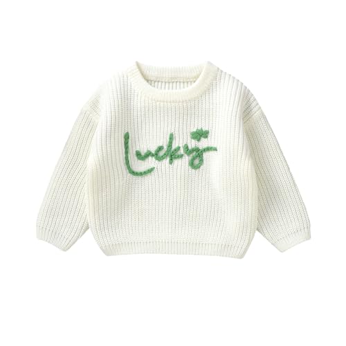 Mugoebu Baby Junge Mädchen St. Patrick's Day Outfit Glücksklee Brief Stickerei Langarm Pullover Säugling Strickpullover (White, 6-9 Months) von Mugoebu