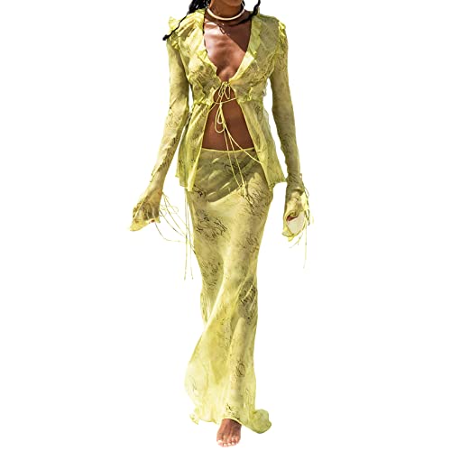 Mugoebu Damen 2 Stück Kleid Outfit Lange Ärmel Tie-up Front Sheer Mesh Cardigan Tops Bodycon Maxi Lange Röcke Streetwear (Green, L) von Mugoebu