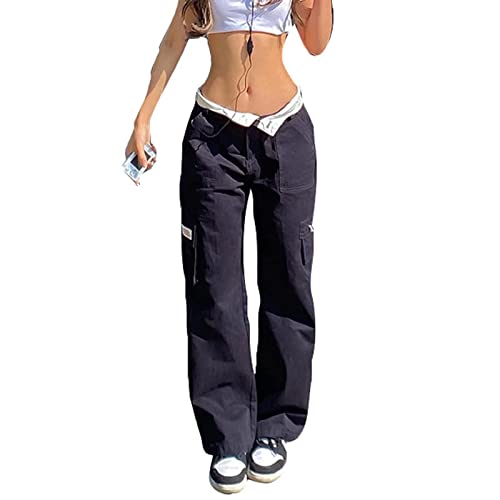 Mugoebu Damen Cargo Hose Baggy Vintage Straight Leg Cargo Hose Y2K 90s Goth Übergröße Jogger Sweatpants Streetwear (Dark Blue, M) von Mugoebu