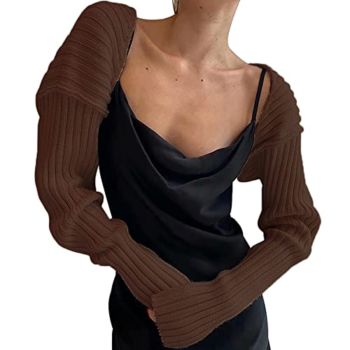 Mugoebu Damen Langarm Open Front Crop Cardigan Häkeln Strick Bolero Achselzucken Drop Schultermännat Middigelland Deckhöfe Oberbekleidung (Brown#3, OneSize) von Mugoebu