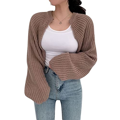 Mugoebu Damen Langarm Open Front Crop Cardigan Häkeln Strick Bolero Achselzucken Drop Schultermännat Middigelland Deckhöfe Oberbekleidung (Khaki#5, One Size) von Mugoebu