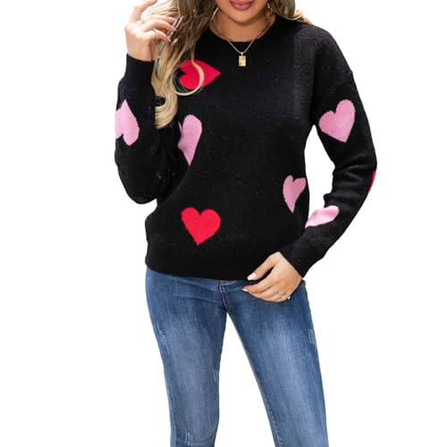 Mugoebu Damen-Pullover mit Herz-Aufdruck, langärmlig, Rundhalsausschnitt, lockere Grafik-Pullover, Strickoberteile zum Valentinstag (Black, S) von Mugoebu