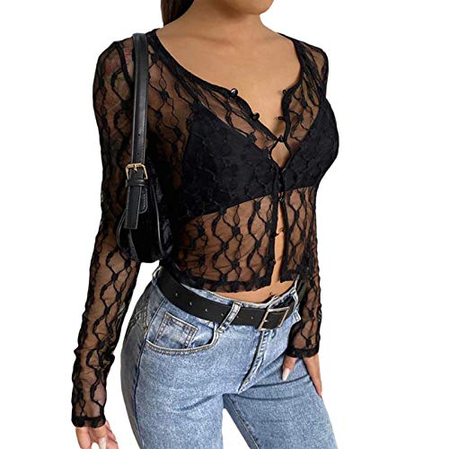 Mugoebu Damen Sexy Spitzentop Durchsichtiges Langarm-Top Aus Mesh GeknöPftes Y2k-Crop-Top Aus Spitze (Schwarz, L) von Mugoebu