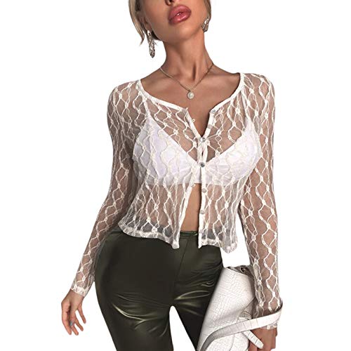 Mugoebu Damen Sexy Spitzentop Durchsichtiges Langarm-Top Aus Mesh GeknöPftes Y2k-Crop-Top Aus Spitze (Weiß, M) von Mugoebu