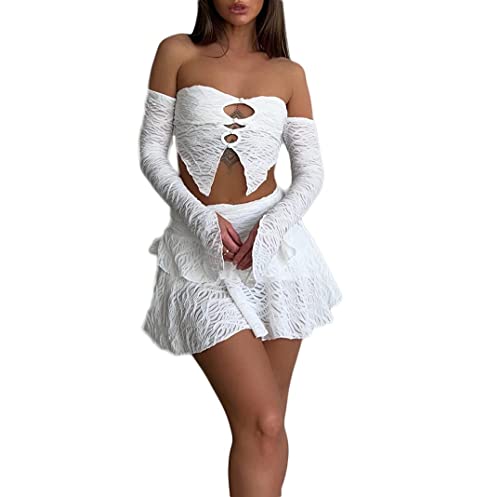 Mugoebu Damen Sexy Zweiteilige Mesh Rock Sets Trägerlos Langarm Röhrenoberteile Bodycon Mini Röcke Y2K 2Pcs Rock Set Party Club Outfit (White, L) von Mugoebu