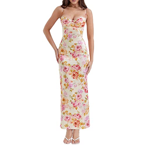 Mugoebu Damen Spaghettiträger Langes Bodycon Kleid Tief Ausgeschnitten Floral Print Ärmellos Bustier Midi Cocktail Kleid Y2k Rückenfrei Viereckiger Hals Party Kleid (Pink, M) von Mugoebu