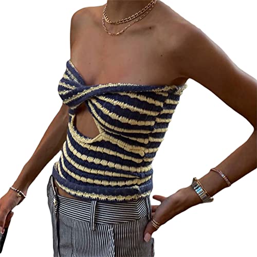 Mugoebu Damen Twist Knot Front Strick-Tank-Top Ärmelloses Schulterfreies trägerloses Mesh Patchwork rückenfreies Crop Camisole Hollow -Out Bandeau Top (A, S) von Mugoebu