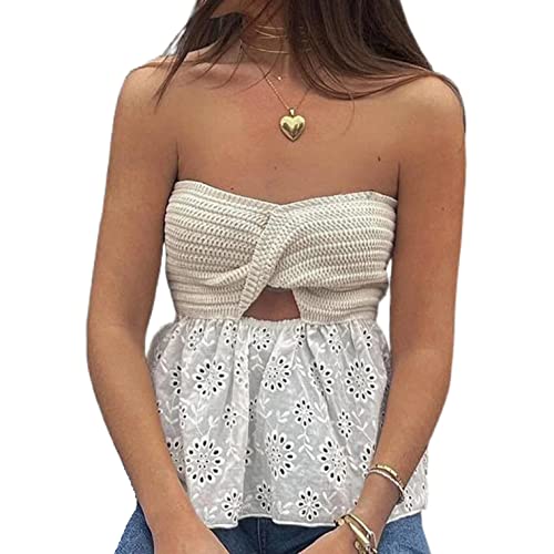 Mugoebu Damen Twist Knot Front Strick-Tank-Top Ärmelloses Schulterfreies trägerloses Mesh Patchwork rückenfreies Crop Camisole Hollow -Out Bandeau Top (White, S) von Mugoebu