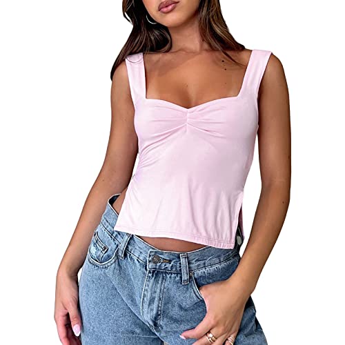 Mugoebu Damen Y2K Niedrig geschnittenes Tank-Top mit quadratischem Kragen Ärmelloses Spleiß-Camisole Kontrastfarbe Patchwork Rückenschnürung Schlankes CamisTops (J-Pink, S) von Mugoebu