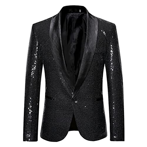 Mugoebu Herren Slim Fit Sakko Blazer Anzugjacke Freizeit EIN-Knopf Pailletten Glitter Anzug Jacke Karneval Kostüm für Hochzeit Party Festlich (Black#3, M) von Mugoebu