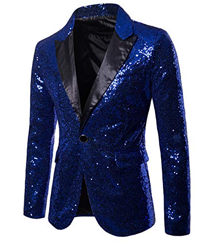 Mugoebu Herren Slim Fit Sakko Blazer Anzugjacke Freizeit EIN-Knopf Pailletten Glitter Anzug Jacke Karneval Kostüm für Hochzeit Party Festlich (Blue, L) von Mugoebu