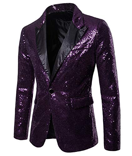 Mugoebu Herren Slim Fit Sakko Blazer Anzugjacke Freizeit EIN-Knopf Pailletten Glitter Anzug Jacke Karneval Kostüm für Hochzeit Party Festlich (Purple, L) von Mugoebu
