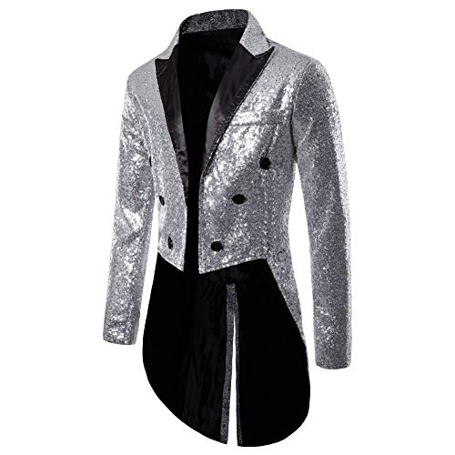 Mugoebu Herren Slim Fit Sakko Blazer Anzugjacke Freizeit EIN-Knopf Pailletten Glitter Anzug Jacke Karneval Kostüm für Hochzeit Party Festlich (Silver#2, XL) von Mugoebu