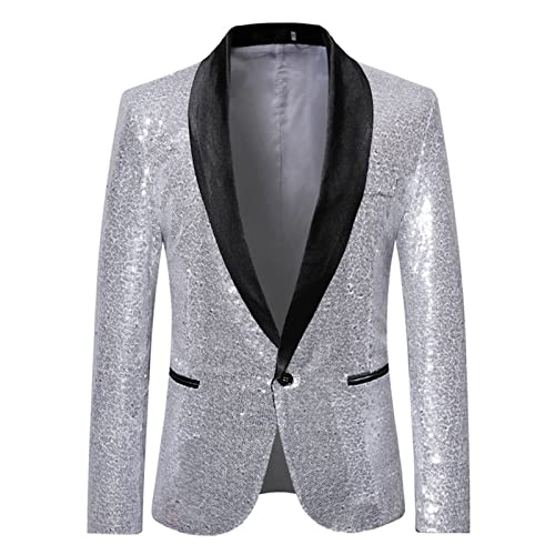 Mugoebu Herren Slim Fit Sakko Blazer Anzugjacke Freizeit EIN-Knopf Pailletten Glitter Anzug Jacke Karneval Kostüm für Hochzeit Party Festlich (Silver#3, L) von Mugoebu