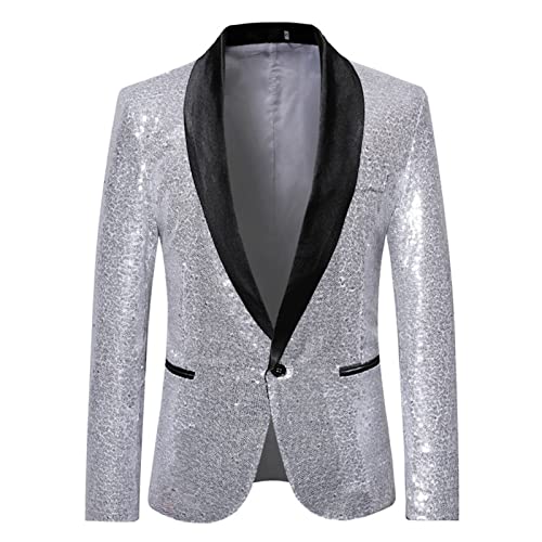 Mugoebu Herren Slim Fit Sakko Blazer Anzugjacke Freizeit EIN-Knopf Pailletten Glitter Anzug Jacke Karneval Kostüm für Hochzeit Party Festlich (Silver#3, XL) von Mugoebu