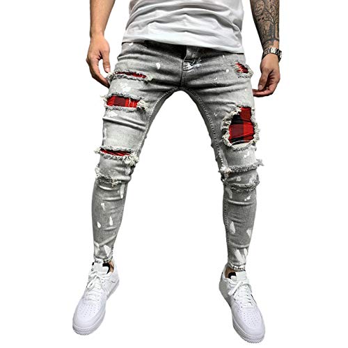 Mugoebu Herren Slim Fit Skinny Ripped Distressed Jeans Weiße Farbe Dot Stretch Stripe Trim Denim Hose (Grau, M, m) von Mugoebu