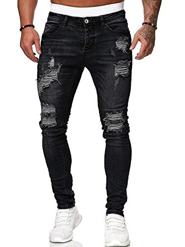 Mugoebu Herren Slim Fit Skinny Ripped Distressed Jeans Weiße Farbe Dot Stretch Stripe Trim Denim Hose (Schwarz-a, S, s) von Mugoebu