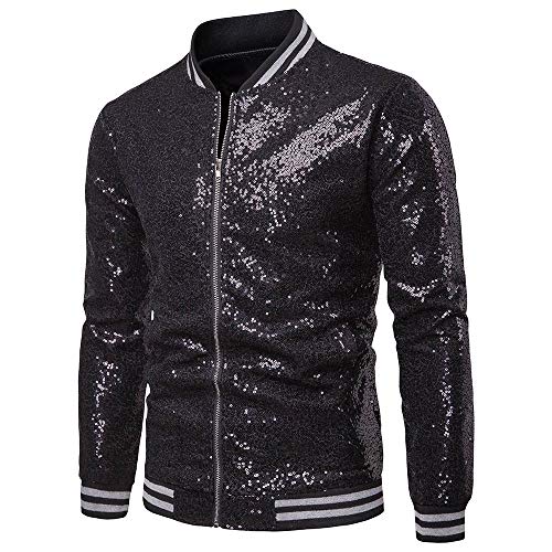 Mugoebu Herren Varsity Jacke Halloween Party Disco Shiny Sparkly Glitter Pailletten Bomberjacke Leicht glänzende Clubwear (Black, Small) von Mugoebu