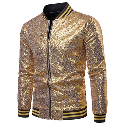 Mugoebu Herren Varsity Jacke Halloween Party Disco Shiny Sparkly Glitter Pailletten Bomberjacke Leicht glänzende Clubwear (Gold, Large) von Mugoebu