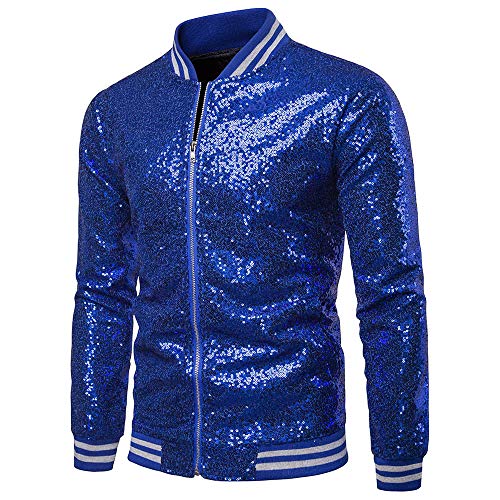 Mugoebu Herren Varsity Jacke Halloween Party Disco Shiny Sparkly Glitter Pailletten Bomberjacke Leicht glänzende Clubwear (Navy Blue, Large) von Mugoebu