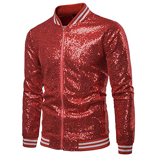 Mugoebu Herren Varsity Jacke Halloween Party Disco Shiny Sparkly Glitter Pailletten Bomberjacke Leicht glänzende Clubwear (Red, X-Large) von Mugoebu