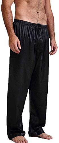 Mugoebu Lose Pyjamahose FüR MäNner Mit Hoher Taille Satin Seidenpyjamahose Schlafunterhose Elastischer GüRtel Kordelzug Pyjamahose Lange Freizeithose (Schwarz, L) von Mugoebu