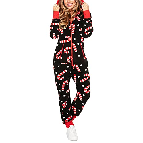 Mugoebu Paare Matching Weihnachten Pyjamas Hoodie Fleece Onesie Frauen Männer lange Ärmel gedruckt Anzug voller Reißverschluss Jumpsuits mit Taschen (Black Crutch Women, S) von Mugoebu