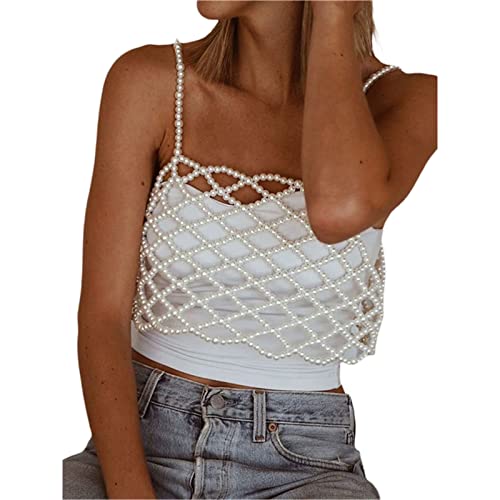 Mugoebu Sexy Perlen Perlen Crop Top See Through Shiny Pearl Spaghetti Strap Tube Top Punk Goth Korsett BH für Club Rave Party Bauchtanz Crop Top (White Style A, Einheitsgröße) von Mugoebu