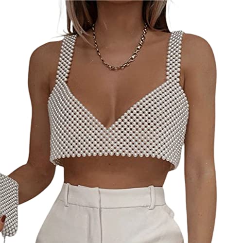 Mugoebu Sexy Perlen Perlen Crop Top See Through Shiny Pearl Spaghetti Strap Tube Top Punk Goth Korsett BH für Club Rave Party Bauchtanz Crop Top (White Style B, Einheitsgröße) von Mugoebu