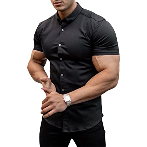 Muskelhemden für Herren Slim Fit Stretch Langarm Kurzarm Casual Button-Down-Hemd (Black, Medium) von Mugoebu