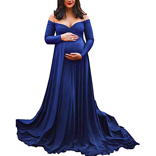 Mutterschaft Kleid für Fotografie solide Farbe Off-Shoulder Chiffon Kleid Front Split Lange Schwangerschaft Kleider für Fotoshooting (Bright Blue#3, S) von Mugoebu