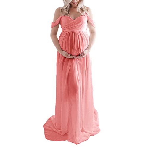 Mutterschaft Kleid für Fotografie solide Farbe Off-Shoulder Chiffon Kleid Front Split Lange Schwangerschaft Kleider für Fotoshooting (Dark Pink, X-Large) von Mugoebu