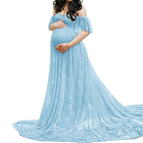 Mutterschaft Schulterfrei Rüschenärmel Spitze Brautkleid Maxi Fotografie Kleid für Fotoshooting Kleid (Light Blue, Large) von Mugoebu