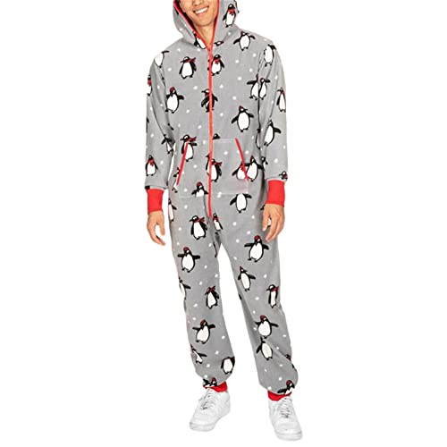 Paare Matching Weihnachten Pyjamas Hoodie Fleece Onesie Frauen Männer lange Ärmel gedruckt Anzug voller Reißverschluss Jumpsuits mit Taschen (Gray Penguin Men, L) von Mugoebu