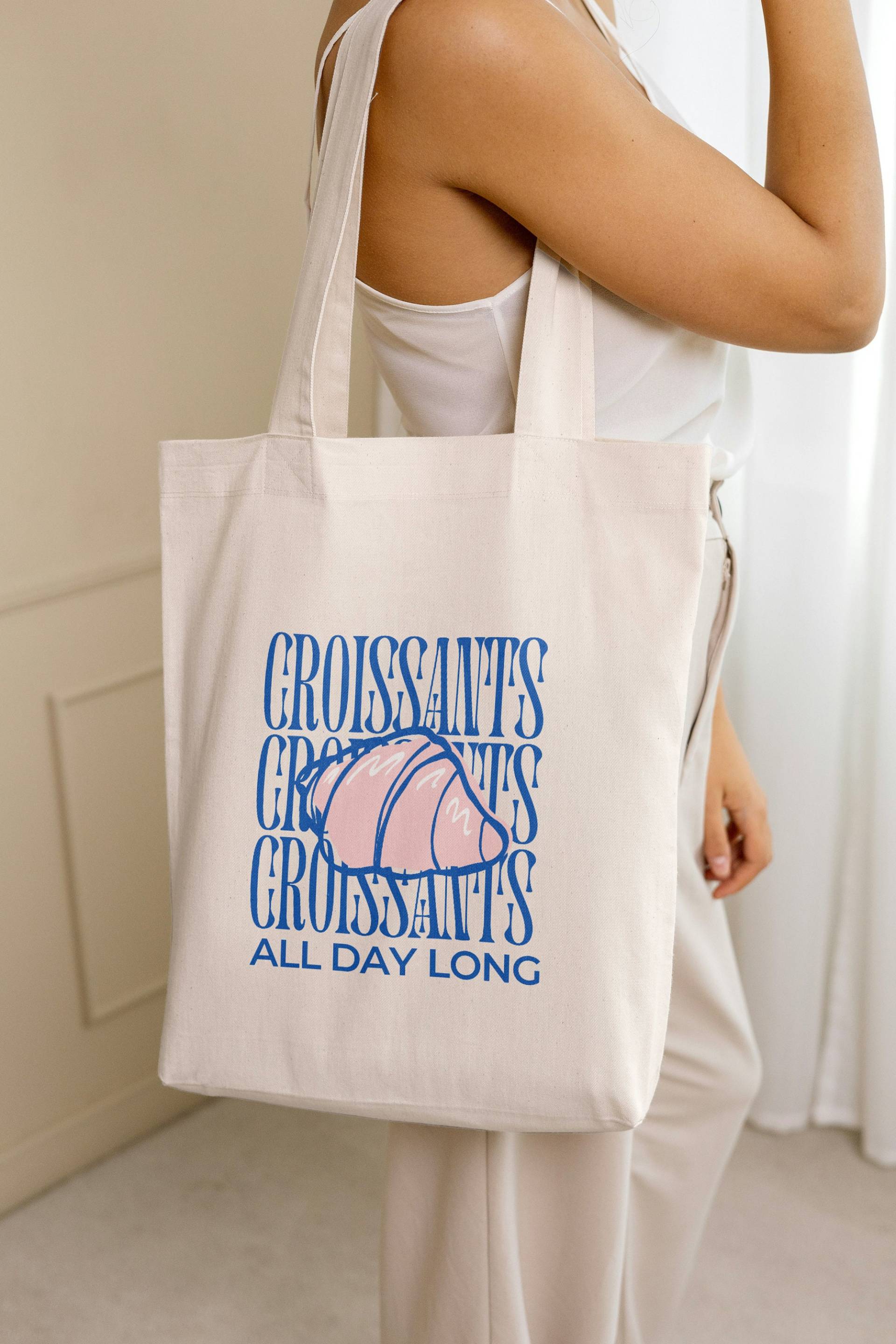 Croissants All Day Long Cotton Tote Bag Retro Breakfast Lover Shopper Food Mothers Gift 90S Graphic Jutebeutel Student Wellness Sunday von PricelessMomentsDE