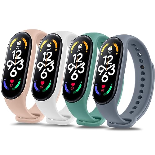 Mugust 4er-Pack Armbänder für Xiaomi Mi Band 7, Damen, Herren, Silikon, bunt, Ersatzarmbänder für Xiaomi Mi Smart Band 7, Rosa/Weiß/Grün/Blaugrau von Mugust