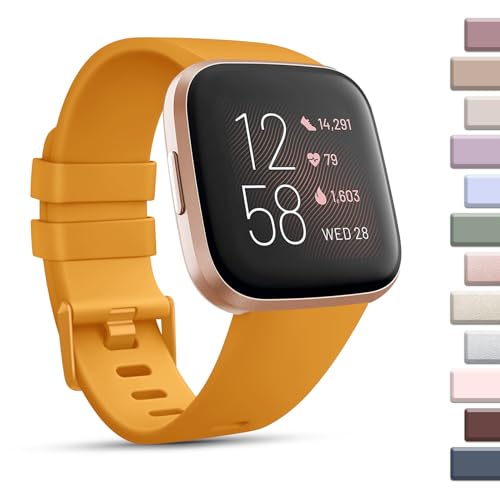 Mugust Sportarmbänder, kompatibel mit Fitbit Versa 2/Fitbit Versa/Versa Lite/Versa SE, klassisches weiches Silikon-Ersatzarmband für Fitbit Versa 2 Smartwatch Damen Herren (groß, kurkuma) von Mugust