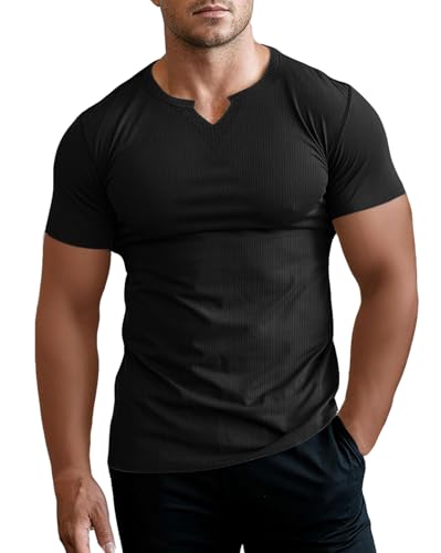 Muhshoiy Herren Langarmshirt Henley Shirt, Langarm & Kurzarm T-Shirt,Long Sleeve Sporttop,Unterhemd Slim Fit Basic Tops V-Ausschnitt/Schwarz/S von Muhshoiy