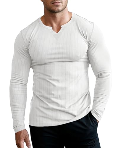 Muhshoiy Herren Langarmshirt Henley Shirt, Langarm & Kurzarm T-Shirt,Long Sleeve Sporttop,Unterhemd Slim Fit Basic Tops V-Ausschnitt/Weiß/M von Muhshoiy