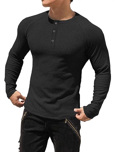 Muhshoiy Herren Langarmshirts Henley Shirt,Langarm & Kurzarm Muskelshirts Basic T-Shirt Pullover Gerippt Longsleeve Slim Fit Black M von Muhshoiy