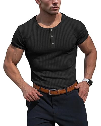 Muhshoiy Herren Langarmshirts Henley Shirt,Langarm & Kurzarm Muskelshirts Basic T-Shirt Pullover Gerippt Longsleeve Slim Fit Black XL von Muhshoiy