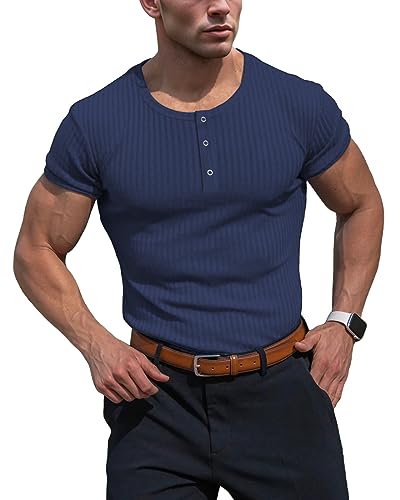 Muhshoiy Herren Langarmshirts Henley Shirt,Langarm & Kurzarm Muskelshirts Basic T-Shirt Pullover Gerippt Longsleeve Slim Fit Blue S von Muhshoiy