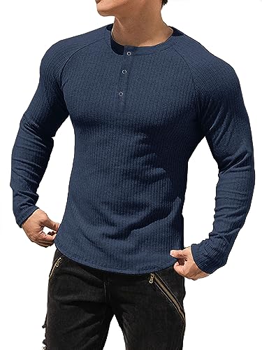 Muhshoiy Herren Langarmshirts Henley Shirt,Langarm & Kurzarm Muskelshirts Basic T-Shirt Pullover Gerippt Longsleeve Slim Fit Blue XL von Muhshoiy