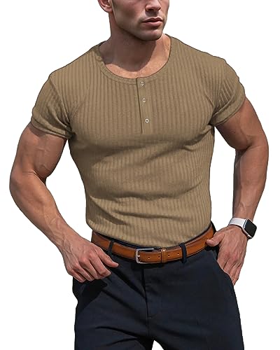 Muhshoiy Herren Langarmshirts Henley Shirt,Langarm & Kurzarm Muskelshirts Basic T-Shirt Pullover Gerippt Longsleeve Slim Fit Brown XL von Muhshoiy