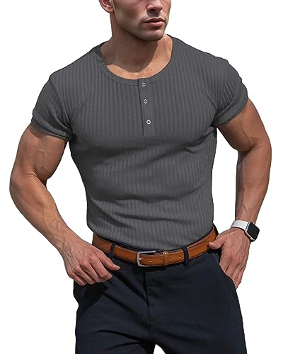 Muhshoiy Herren Langarmshirts Henley Shirt,Langarm & Kurzarm Muskelshirts Basic T-Shirt Pullover Gerippt Longsleeve Slim Fit Dark Grey L von Muhshoiy