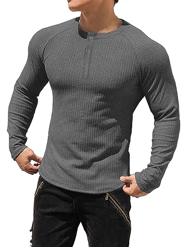 Muhshoiy Herren Langarmshirts Henley Shirt,Langarm & Kurzarm Muskelshirts Basic T-Shirt Pullover Gerippt Longsleeve Slim Fit Dark Grey XL von Muhshoiy